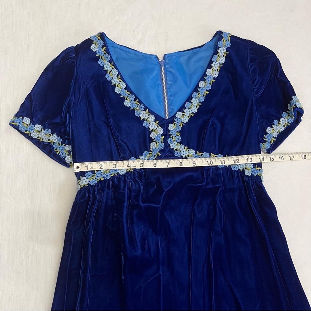 Vtg Blue Velvet 60’s 70’s Floral Empire Waist Renaissance Maxi Dress - Picture 5 of 7